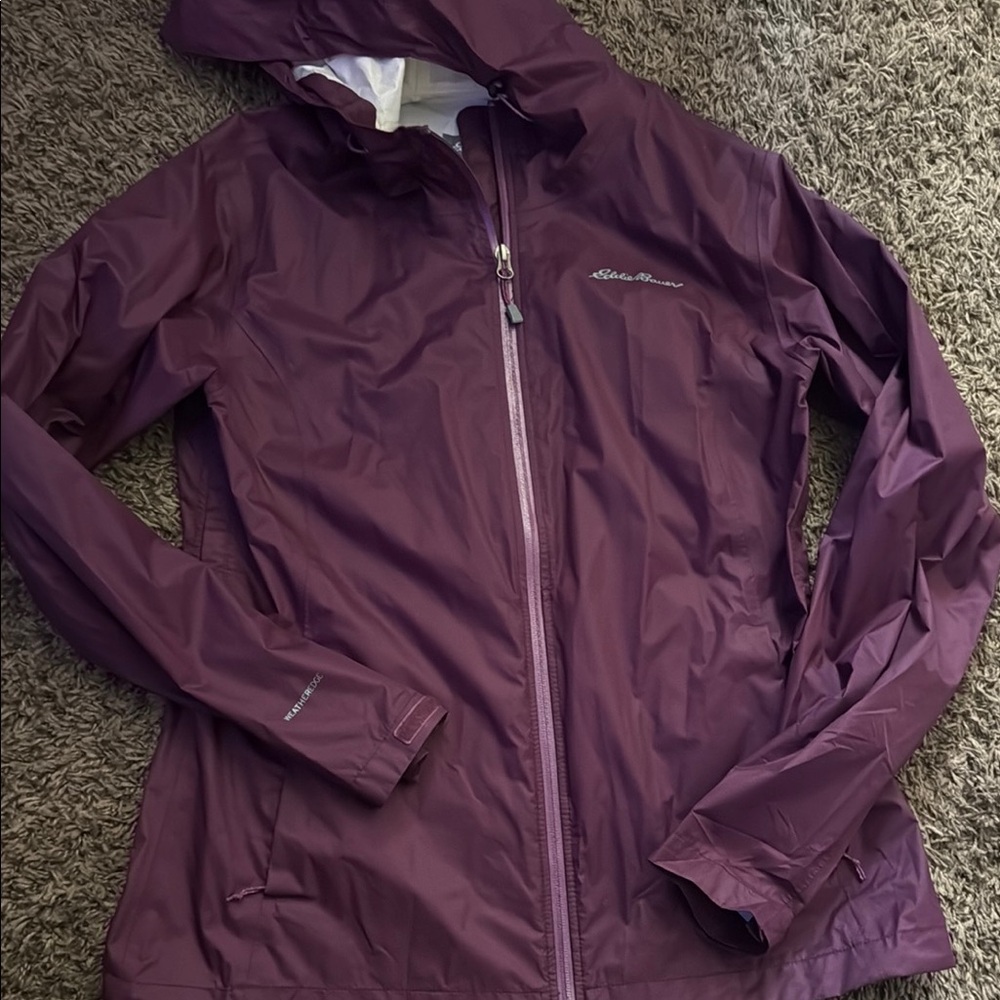 Eddie Bauer Deep Plum Rain Jacket with Hood and Water-Resistant Fabric